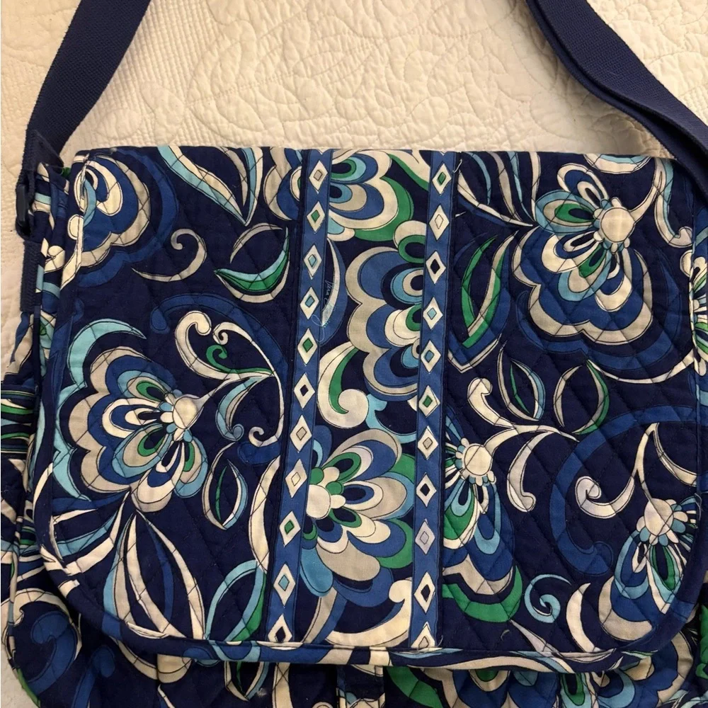 Vera Bradley Navy Blue & Green Quilted Crossbody Laptop Bag